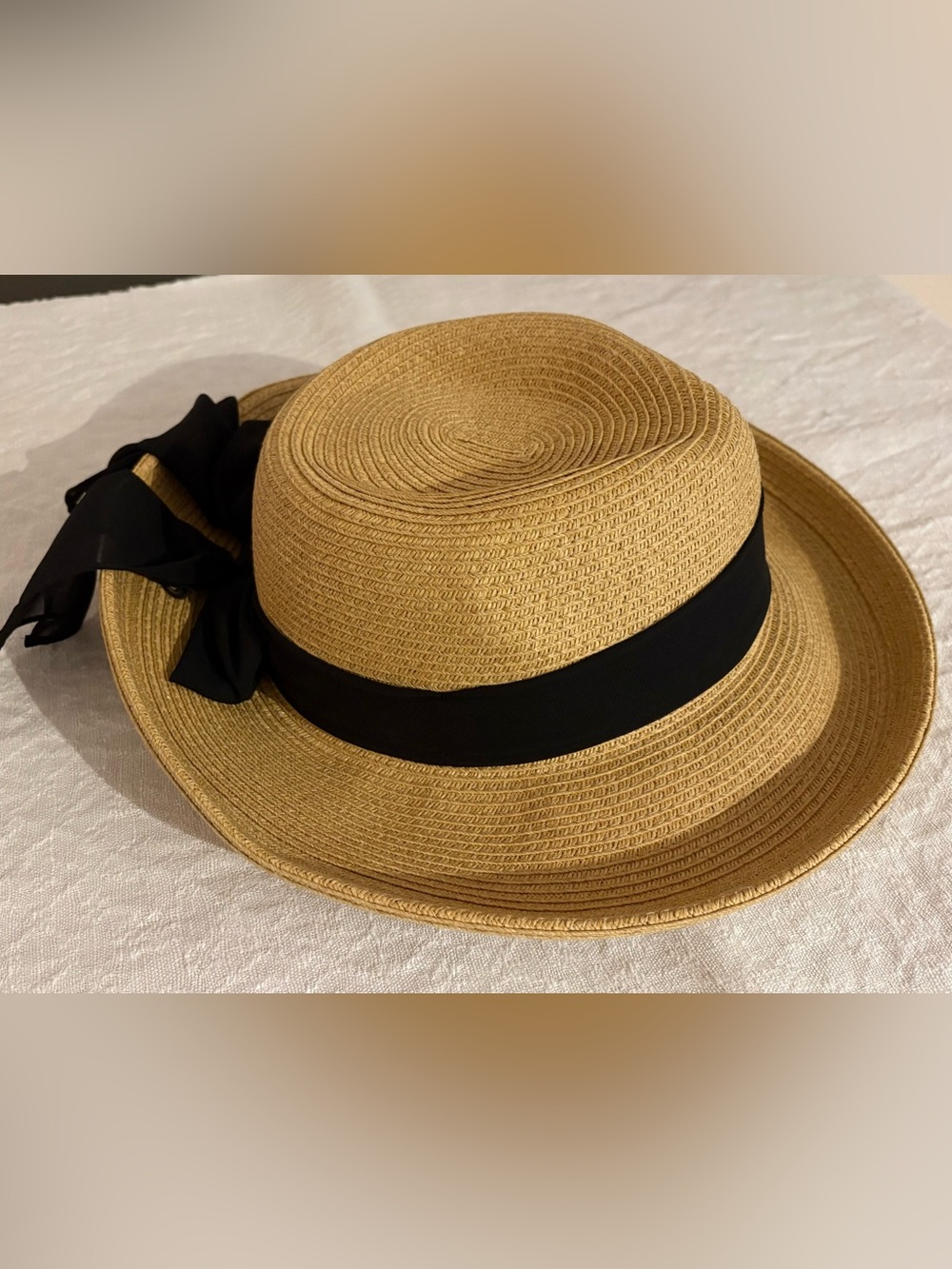 Peter Grimm Tan Straw Sun Hat with Black Ribbon Bow Accent